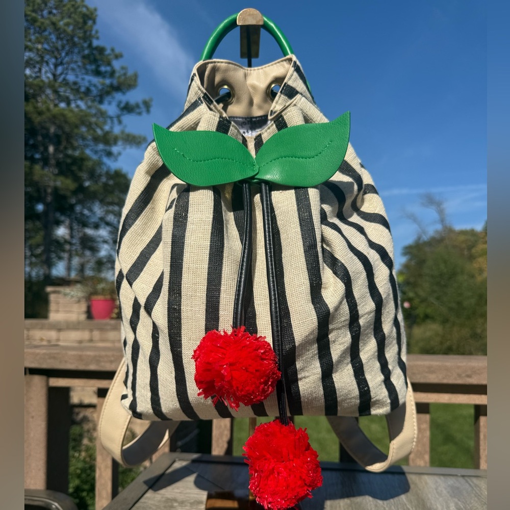 EUC! Betsey Johnson Vintage Striped Sparkle Backpack with Red Cherry Pom Poms